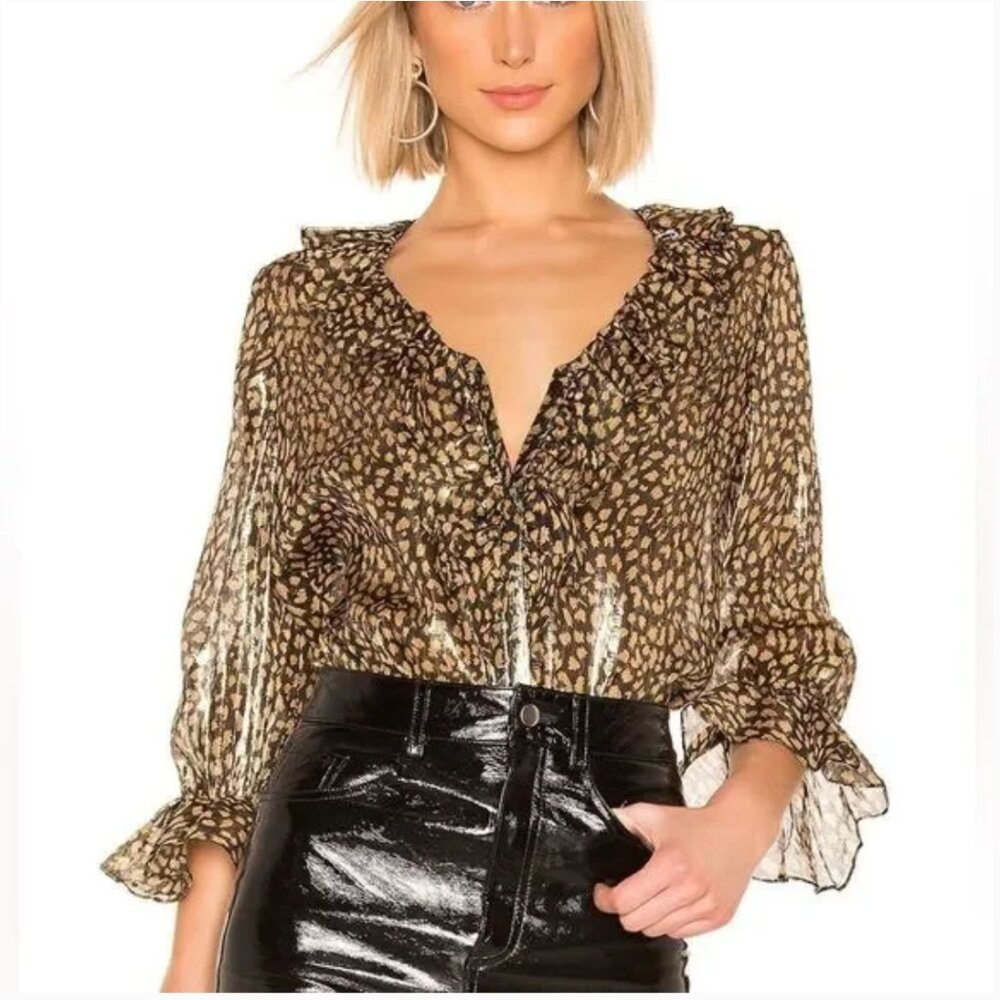 Alice + Olivia Elliot Gold Black Animal Print Ruffle Blouse Top Size Small